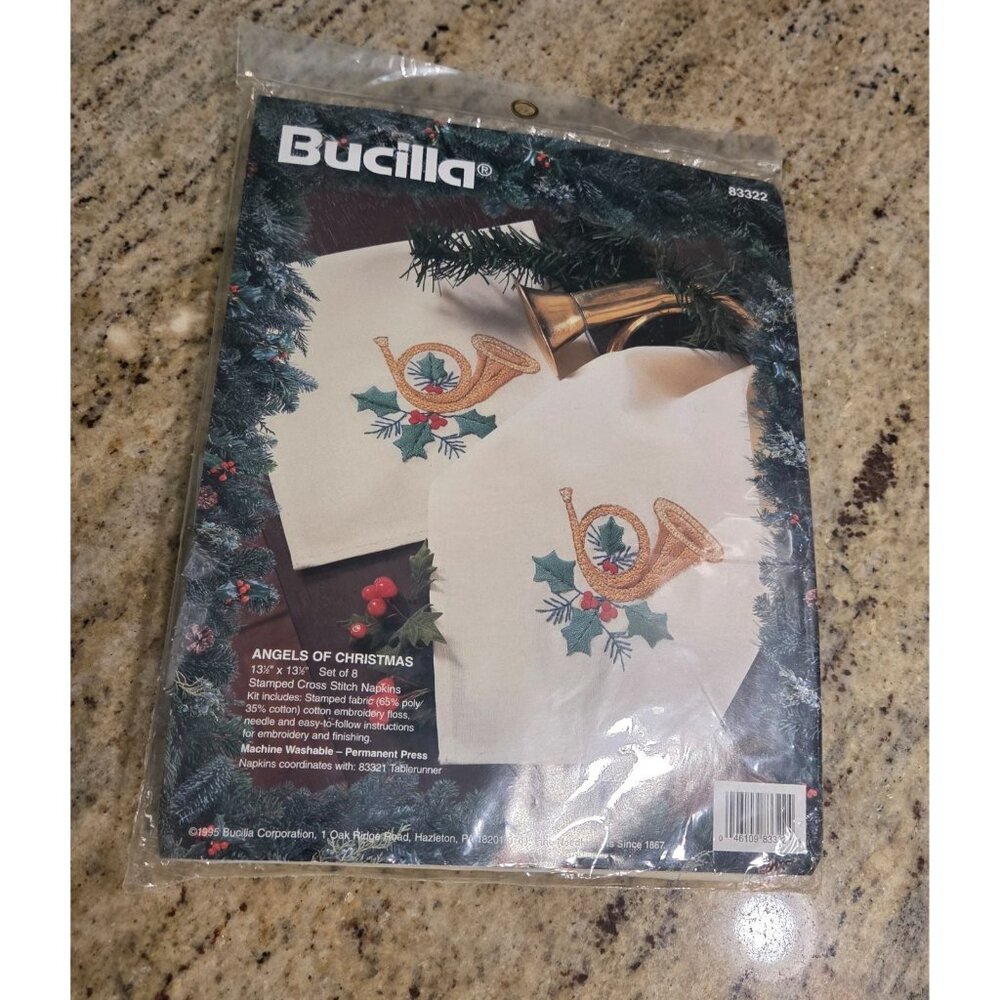 New! Bucilla Cloth 8 Napkins 83322 Angels of Christmas French Horn Cross Stitch